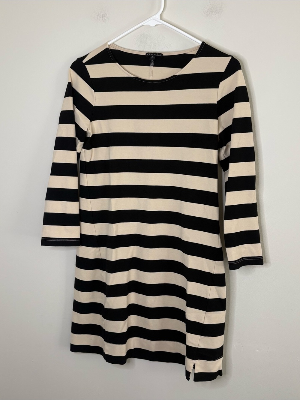 Theory Womens Small Short Dress Black Beige Classic Striped Preppy Fall Neutral